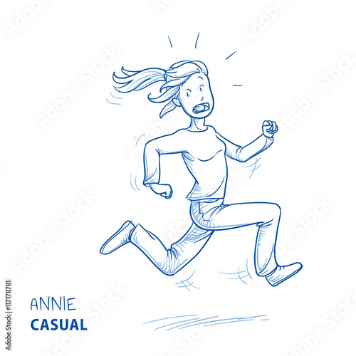 Young woman in casual clothes running for her life. Hand drawn line art cartoon vector illustration.