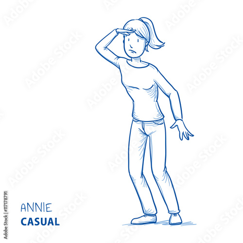 Young woman in casual clothes holding a hand above her eyes, searching for something. Hand drawn line art cartoon vector illustration.