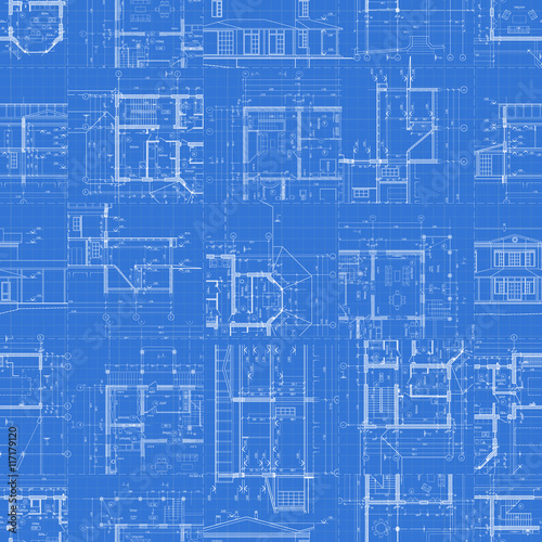 Architectural drawings on blue background.