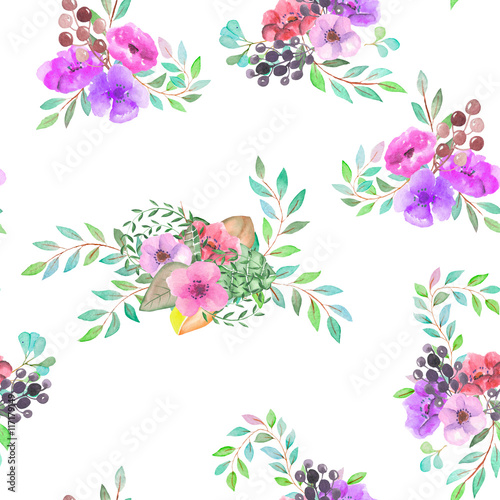 Seamless pattern with the simple watercolor floral bouquets, hand drawn on a white background