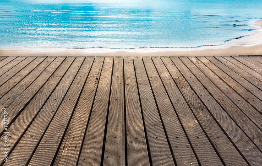 Blank space of wooden floor with sea view background,Available wooden floor space for product display Blank space of wooden floor with sea view background,Available wooden floor space for product display