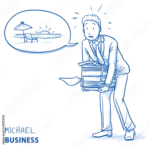 Exhausted young man in business suit carrying a heavy pile of documents and talking about vacation. Hand drawn line art cartoon vector illustration.