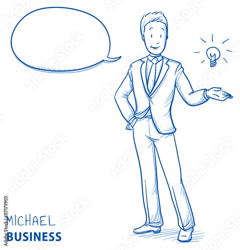 Happy young man in business suit pointing upwards to light bulb, concept for idea. Hand drawn line art cartoon vector illustration.