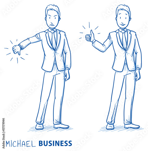 Happy and angry young man in business suit showing thumb up and down. Hand drawn line art cartoon vector illustration.