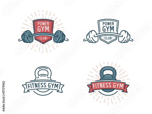 Fitness logo set. Power gym club, sport emblem with barbell, vector illustration