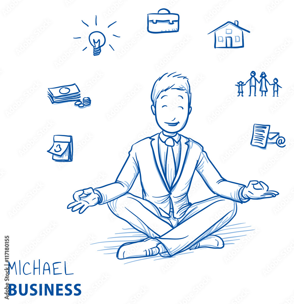 Φωτογραφία Happy young man in business suit sitting in yoga pose with icons of easily organizing life, business and family around him