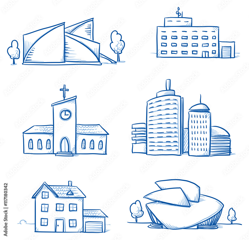 Set of different buildings, church, hospital, house, office tower, concert  hall, museum. Hand drawn cartoon vector illustration. Stock Vector | Adobe  Stock