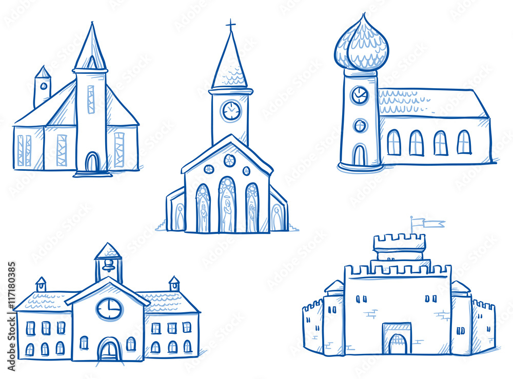 Set of different buildings, churches, school, town hall, castle. Hand drawn cartoon vector illustration.