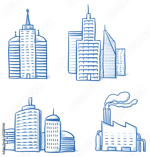 Set of different office and industry buildings, high rise, tower, factory. Hand drawn cartoon vector illustration.