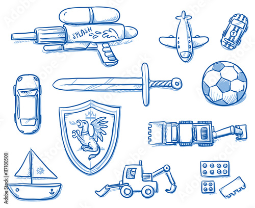 hildren toys icons flat lay, sword, shield, ball, airplane, water gun, bricks, boat, car, excavator. Hand drawn cartoon vector illustration. photo