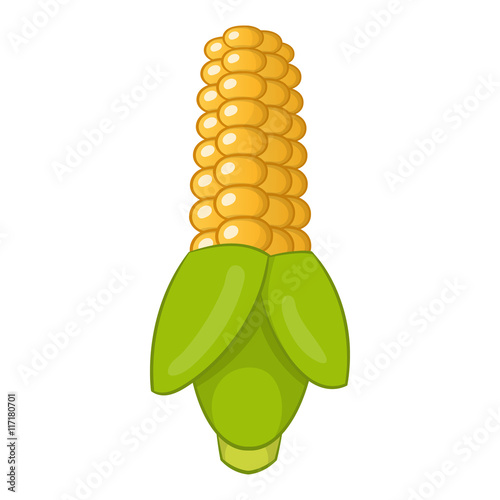 Ear of corn with green leaves icon in cartoon style isolated on white background