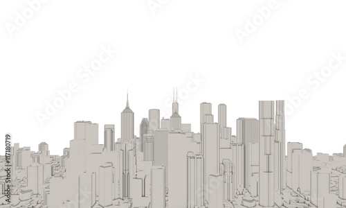 3D model of city on white background. 3D rendering illustration.