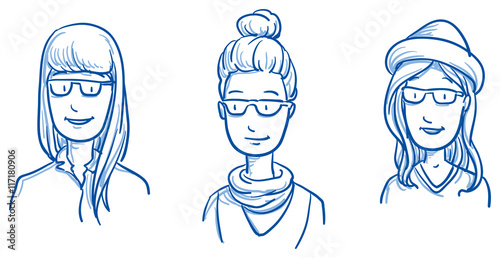People collection women. Set of three happy young hipster girls in casual clothes, expressing positive emotions. Hand drawn line art cartoon vector illustration.