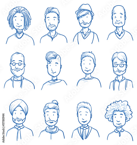People collection men. Set of various happy men in business and casual clothes, mixed age expressing positive emotions. Hand drawn line art cartoon vector illustration.