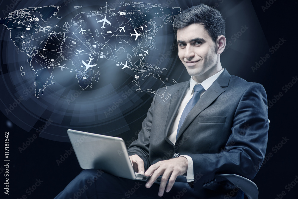 Concept of online booking with businesman and laptop Concept of online booking with businesman and laptop