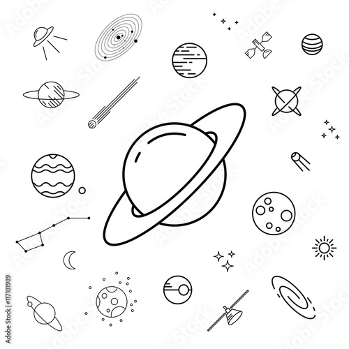 Set of space icons. Astronomy, astrology line design elements. Un-expanded strokes. Vector illustration EPS 10