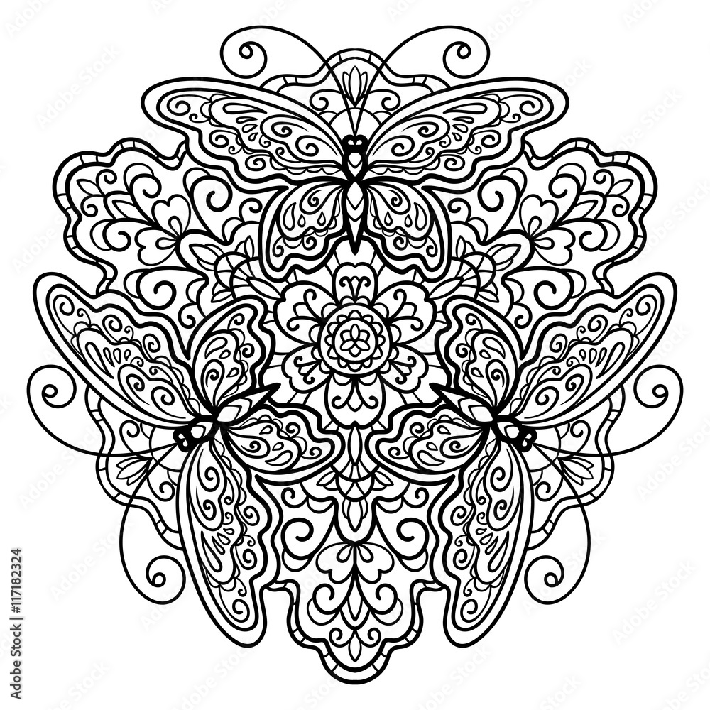 vector, contour, mandala, illustration, flower, butterfly, coloring ...