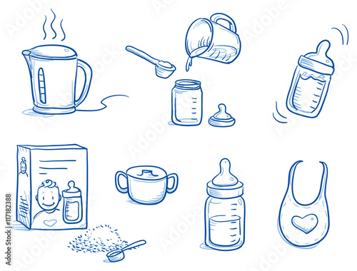 Set of different icons or steps for preparing baby milk / baby food. With baby bottle, milk powder, kettle, bib, water. Hand drawn cartoon vector illustration.