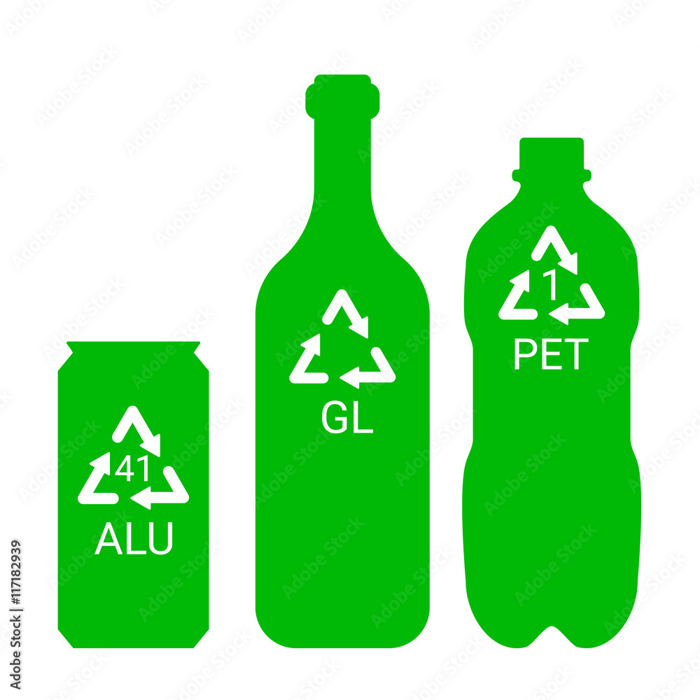 Recycle garbage - plastic, aluminium, glass - ecological illustration, vector