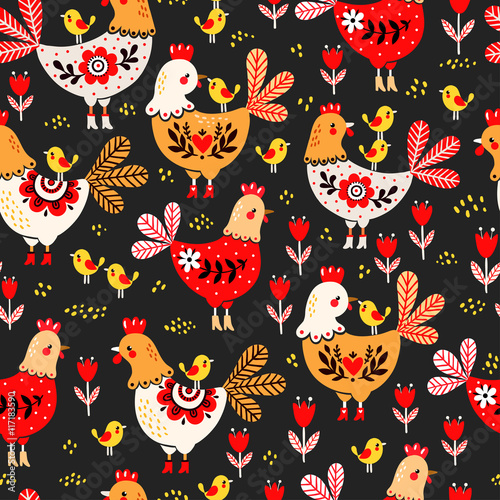 Vector illustration of a rooster, hens and chickens on a black background. Animal pattern. Domestic bird.