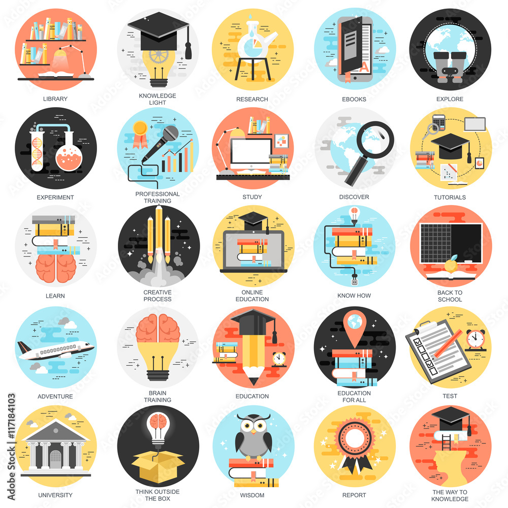 Flat conceptual icons set online education Flat conceptual icons set online education