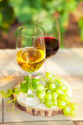 Green grapes and two glasses of the white and red wine on the vi