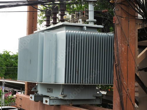High voltage power transformer on electricity post