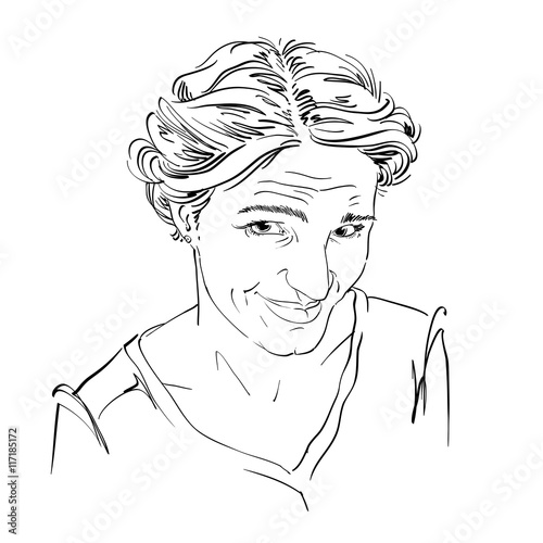 Hand-drawn vector illustration of naive blameworthy woman. Monoc