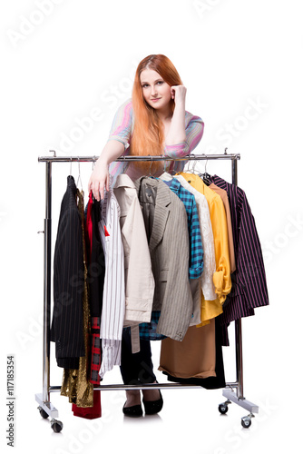 Woman choosing clothing in shop isolated on white