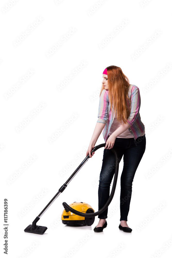 Funny housewife with vacuum cleaner isolated on white Funny housewife with vacuum cleaner isolated on white
