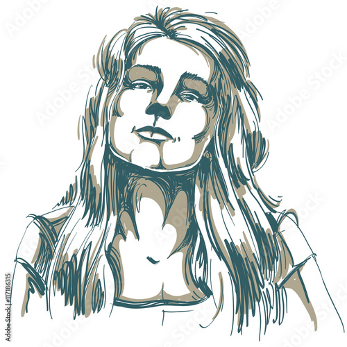 Hand-drawn portrait of white-skin flirting woman, face emotions