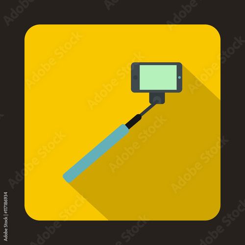 Selfie stick and smartphone icon in flat style with long shadow. Device symbol