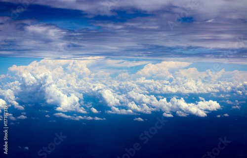 Sky and cloud view from window of airplane.