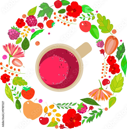 Illustration of red tea cups on top in a frame  leaves, berries and flowers  , orange  green colors   white background. Vector