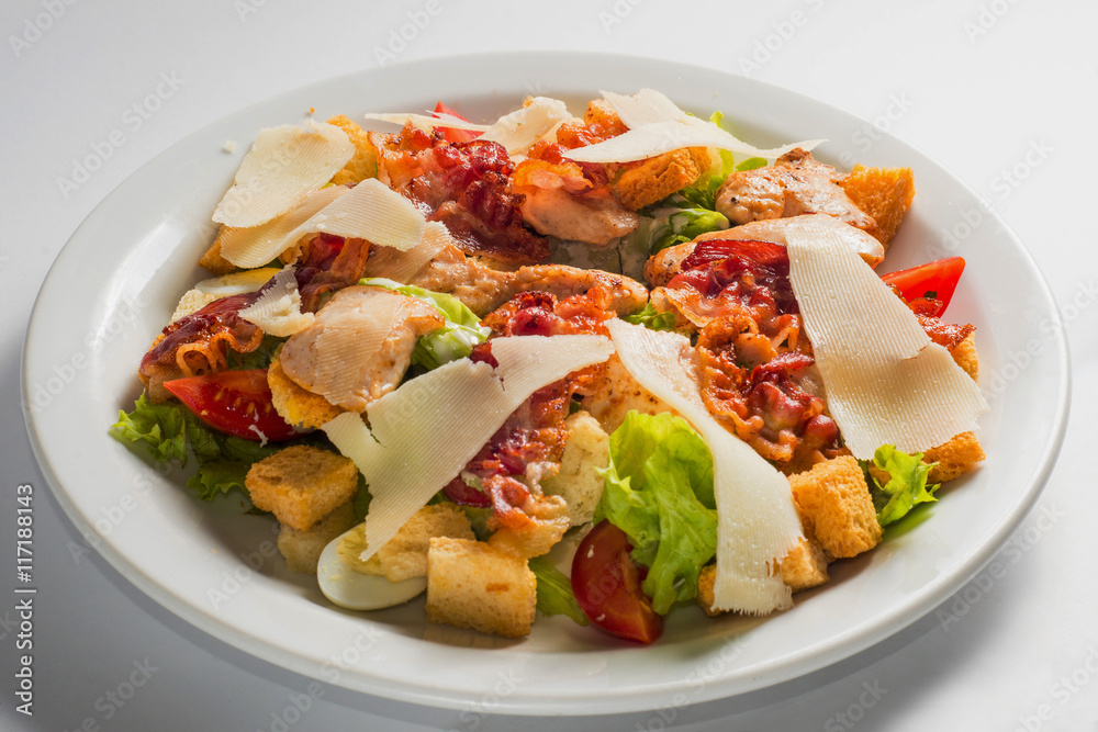 dish of salad with vegetables and meat dish of salad with vegetables and meat