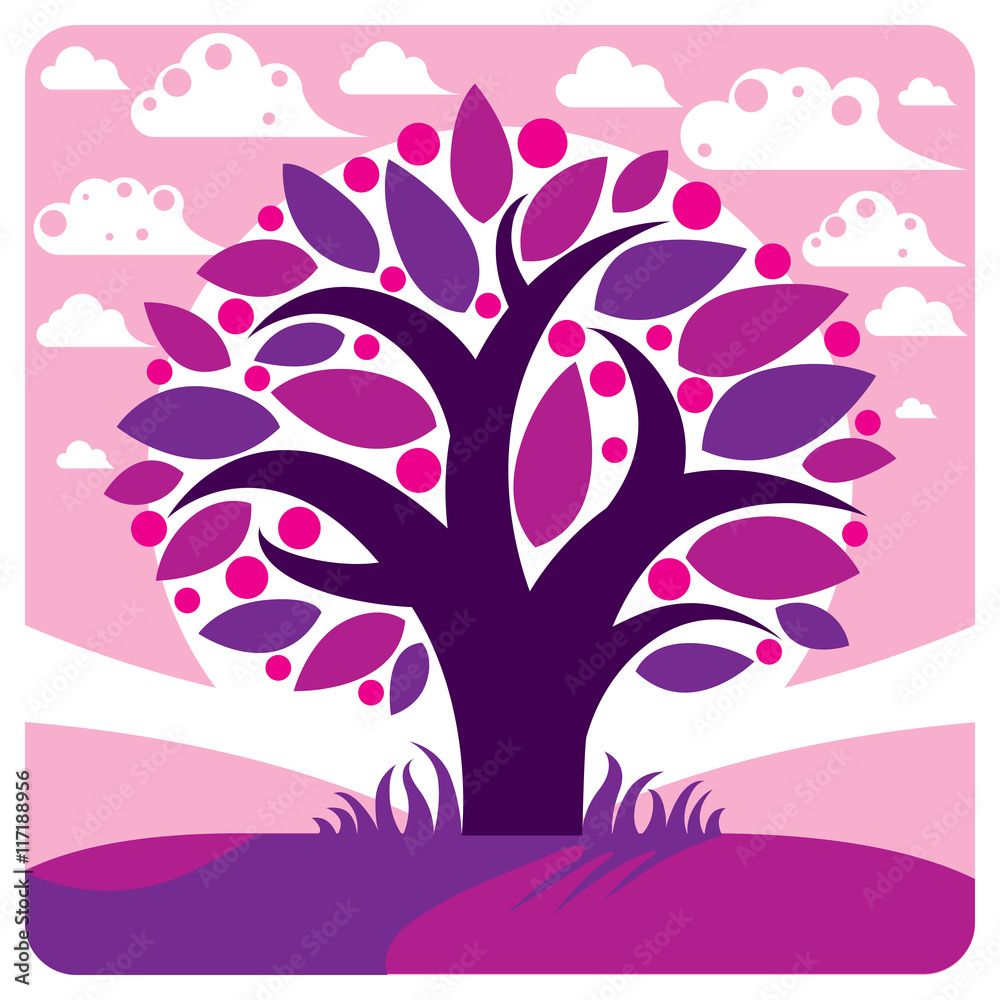 Fruity tree with ripe apples placed on stylized purple backgroun Fruity tree with ripe apples placed on stylized purple backgroun