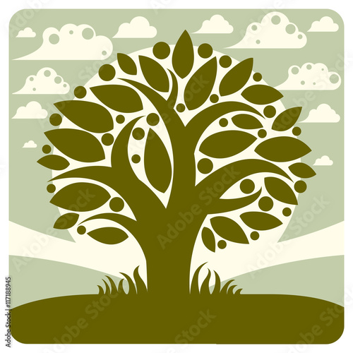 Fruity tree with ripe apples placed on stylized background. Weal