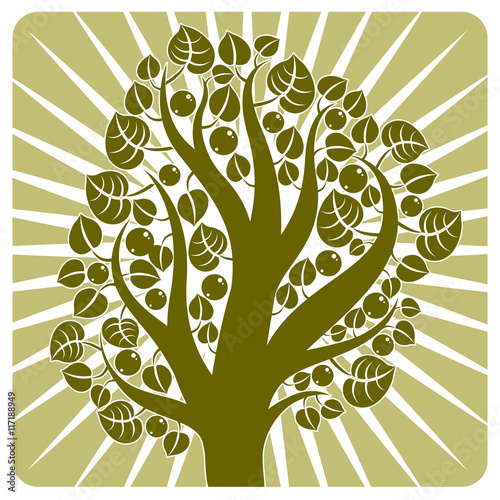Fruity tree with ripe apples placed on stylized background. Orga