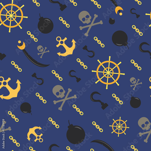 Seamless pirate theme pattern, vector background with skulls, anchors, chains, bombs and helms. Contrast palette of deep blue, black and yellow. Diagonally aligned.