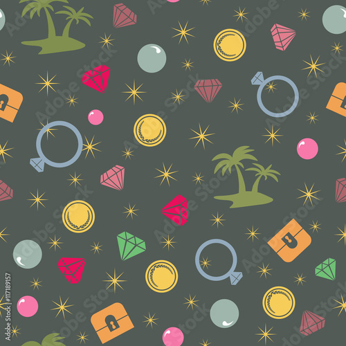 Colorful treasure island  seamless pattern, pirate theme. Colored endless background with treasure chest, island, palms, pearl, diamond and coins. Bright and vivid palette for kids and fans.