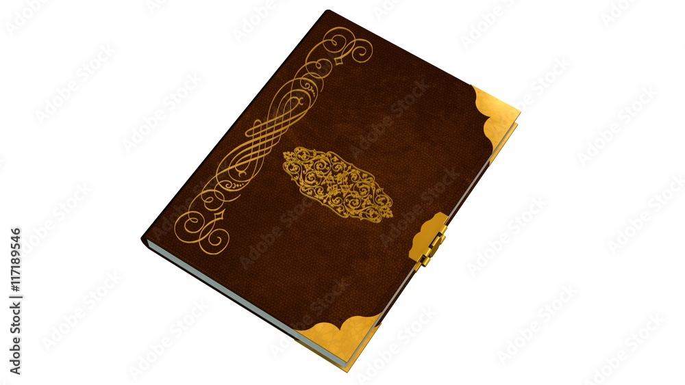 Old leather book with metal ornaments isolated on a white background
Old leather book with metal ornaments isolated on a white background