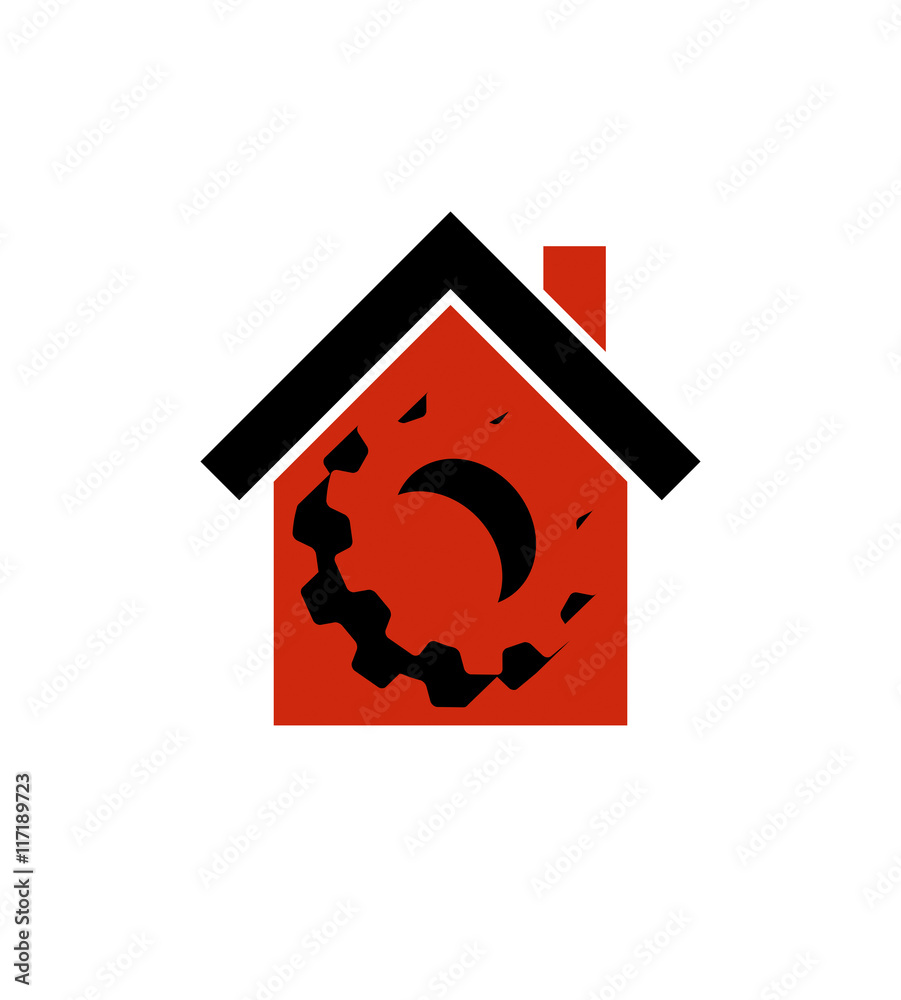 Manufactory conceptual symbo, vector house with 3d cog wheel. In Manufactory conceptual symbo, vector house with 3d cog wheel. In