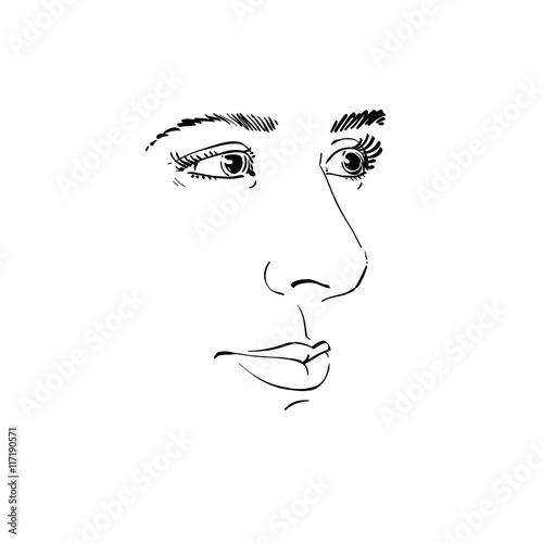 Vector art drawing, portrait of gorgeous dreamy girl isolated on