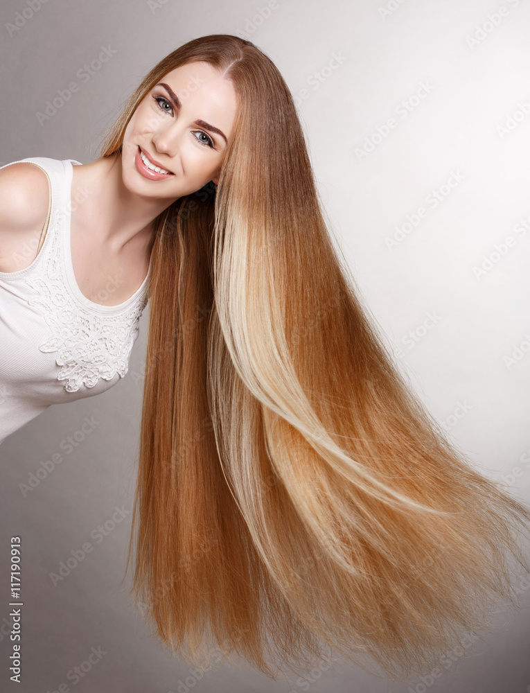 Beauty blonde woman with very long healthy straight hair Stock Photo |  Adobe Stock