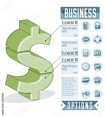 Creative infographics conceptual composition, layered dollar sig