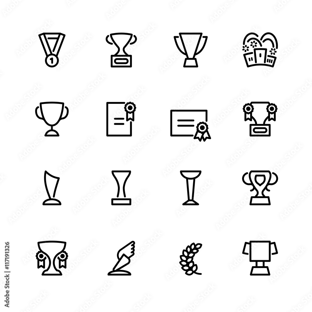 Sixteen flat 
design black outline sport icons isolated on white