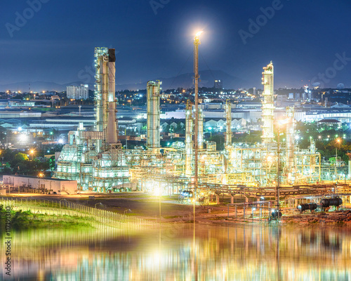 Oil and gas refinery plant at night  Petrochemical factory