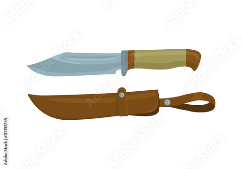 Military knife with leather sheath on white background. Knife and scabbard for hunter. Cartoon vector illustration