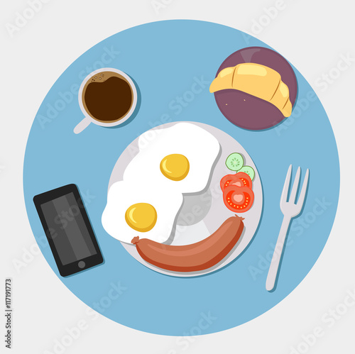 Breakfast icons flat set with coffee time