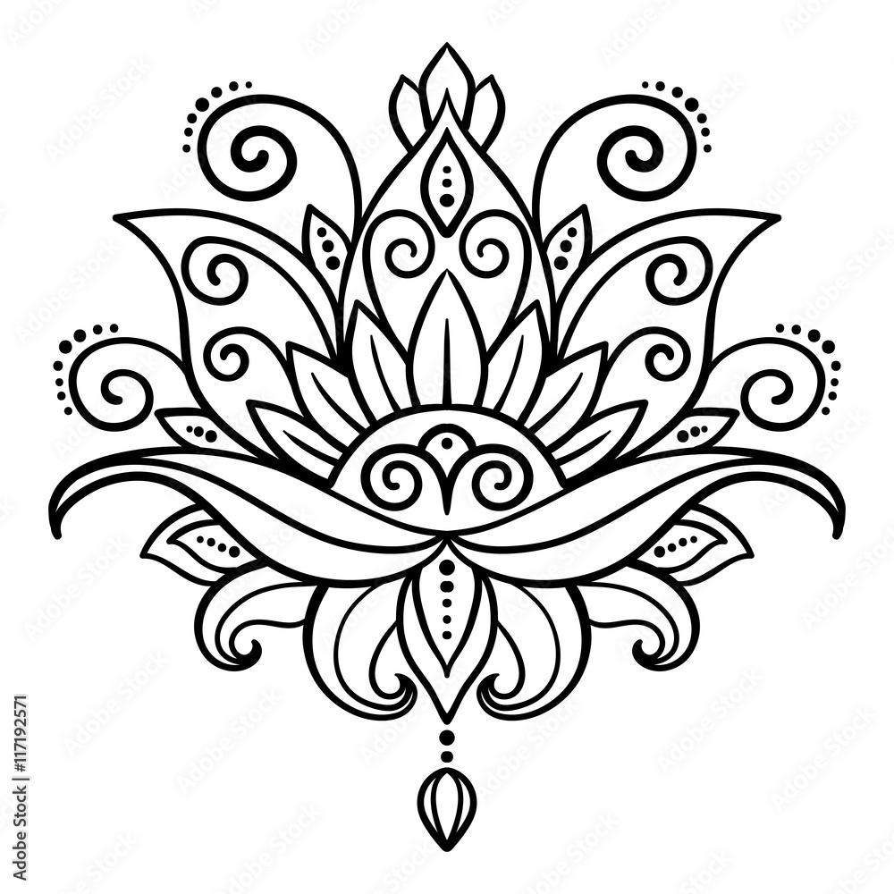 vector, abstract, oriental style, flower, lotus, tattoo, design element,  floral designs, doodle, yoga, medallion, hand-drawing Stock Vector | Adobe  Stock